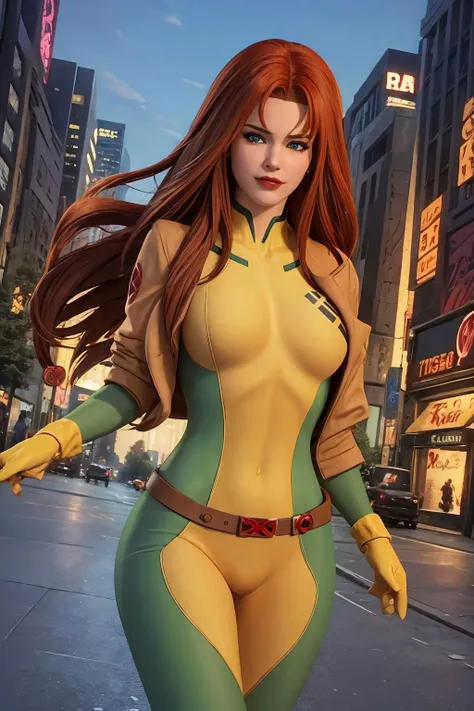masterpiece, best quality, mary jane watson <lora:Mary Jane Watson_v1:0.8>, rogue classic costume, cityscape background <lora:Rogue Classic Costume_v1:1>