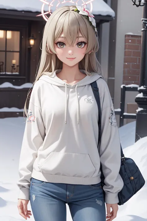(masterpiece:1.3), (absurdres:1.3), (best quality:1.3), (ultra-detailed:1.3), snow, outdoors, upper body, hand back, smile, 1girl, nagisa-fi, halo, <lora:nagisa-fi-09:1>, black hoddie, jeans, shorts,