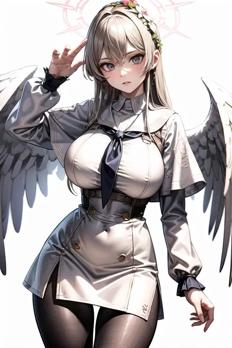 pov, cowboy shot, standing, best quality, masterpiece, nagisa-fi, halo, white wings, long sleeves, white dress, sailor collar, capelet, white skirt, black pantyhose, (huge breasts:1.2), (thigh gap:1.2), looking at viewer, 3d, (realistic:1.2), detailed face, detailed eyes, beautiful, <lora:waist_size_control_v1.0:0.75> <lora:ass_size_control_v1.0:-0.75> <lora:nagisa-fi:1> expressionless, <lora:more_details:0.4> perfect lighting, ultra detail, (white background:1.2)