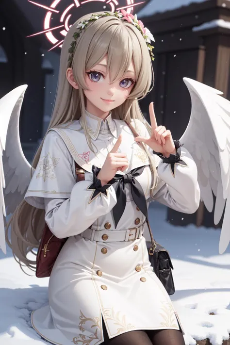 (masterpiece:1.3), (absurdres:1.3), (best quality:1.3), (ultra-detailed:1.3), snow, outdoors, upper body, peace sign, smile, 1girl, nagisa-fi, halo, <lora:nagisa-fi-09:1>, white wings, long sleeves, white dress, sailor collar, capelet, white skirt, black pantyhose,