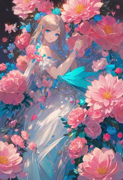 gorgeous attractive pretty young woman,  blue eyes, (shaved:1.21), cute face, vaporwave aesthetic, synthwave long luxurious gown made out of pearls, hair done up with flowers and ribbons, digital art, flowers, butterflies, birds, painting, artstation, concept art, smooth, sharp focus, illustration, art by artgerm and greg rutkowski and alphonse mucha