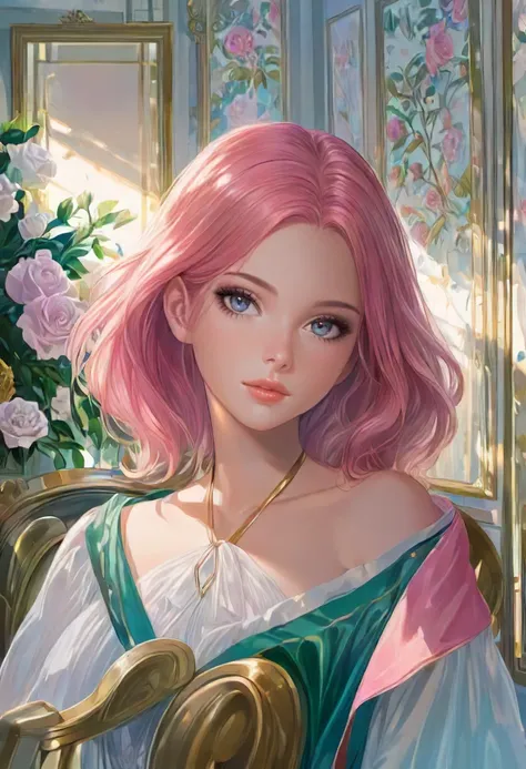 gorgeous attractive pretty young woman,  pink hair, natural beauty, seductive eyes and face, elegant girl, natural beauty, very detailed face, seductive lady, full body portrait, natural lights, photorealism, summer vibrancy, cinematic, a portrait by artgerm, rossdraws, Norman Rockwell, magali villeneuve, Gil Elvgren, Alberto Vargas, Earl Moran, Enoch Bolles