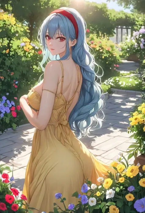 Anastasia Valeria, (masterpiece, best quality, absurdres, beautiful, aesthetic, detailed), outside, garden, flowers, sunlight, 1girl, big booty, blue hair, red hairband, hair tubes, sidelocks, low-tied long hair, very long hair, red eyes, looking at viewer, ((yellow sundress))