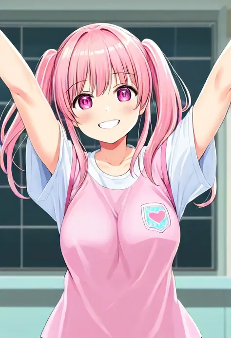 (((t-shirt with text "2.0"))), pretty smiling face, happy woman, (cowboy shot), pink twin-tails hair, miniskirt, school classroom background, (embedding:negativeXL_D.safetensors:1)