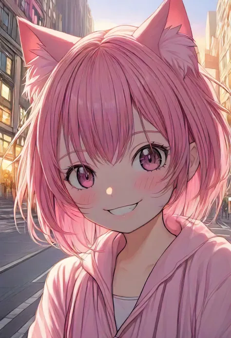 closeup, 1girl, happy face, pink hair, cat ears, city street background, sunset