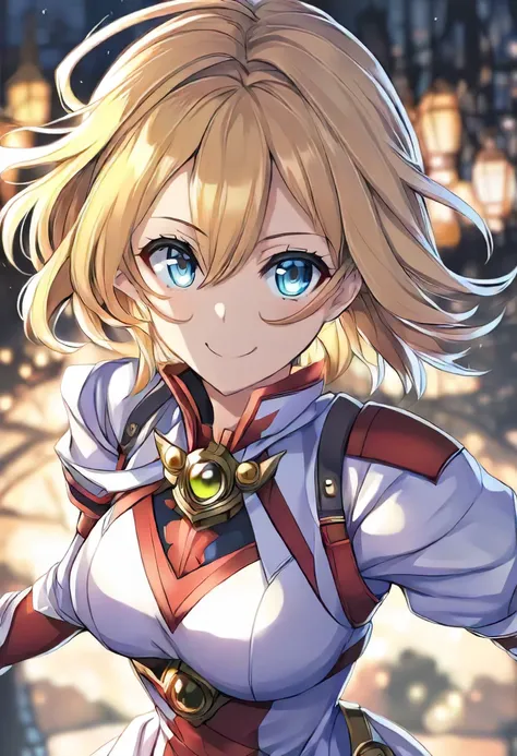 1girl, pretty face, looking at viewer, eye contact, solo, smiling, random dynamic pose, random haircut, blonde hair color, random location, random outfit, random anime heroine