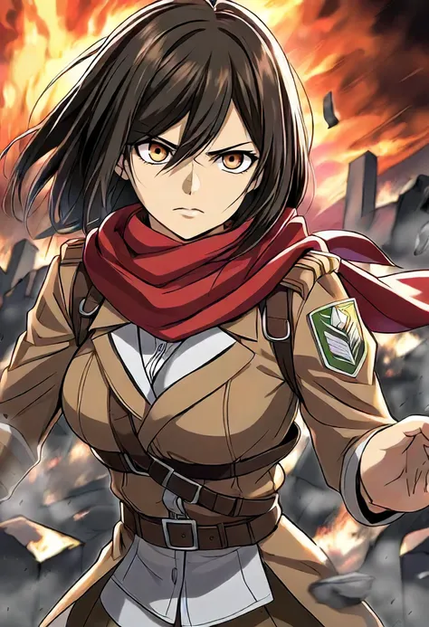 ((Mikasa Ackerman)) from anime (Attack on Titan), Capture Mikasa's fierce determination and unwavering loyalty, while showcasing her unique beauty and stoic nature. Pose: Stand tall and confident, with a determined gaze fixed ahead. You can portray her in a fighting stance, ready to strike, or standing protectively in front of Eren or Armin. Expression: Stoic but with a hint of inner fire. Her eyes should be sharp and alert, conveying her unwavering resolve. A subtle crease in her brow can suggest the weight of her burdens. Hair: Long, dark hair flowing freely or pulled back in a practical braid, depending on the scene. Outfit: The iconic Survey Corps uniform, meticulously clean and well-maintained. Consider including details like the maneuver gear or her signature red scarf. Lighting: Dramatic lighting that accentuates her strength and highlights the intensity of her emotions. Background: Choose a background that reflects her character and story. Consider the ruins of Wall Maria, a battlefield filled with smoke and debris, or a peaceful scene symbolizing her yearning for a normal life. Include the red scarf prominently, as it's a symbol of Eren and her unwavering devotion to him.