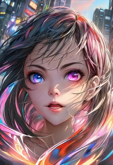 closeup anime portrait of a girl, happy face expression, heterochromatic eyes, eye contact, action-packed, by Sakimichan, by WLOP, by Ilya Kuvshinov, by RossDraws, by Artgerm, Tokyo city streets background, sunset, elaborate, masterpiece, detailed