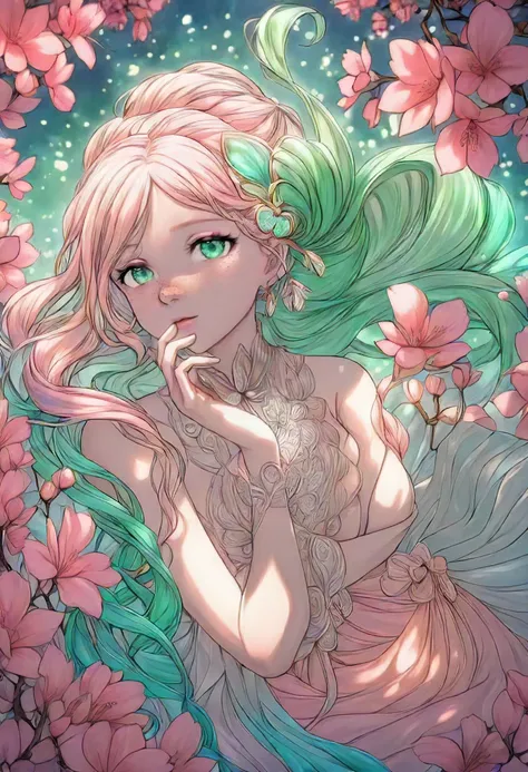 An incredibly beautiful anime girl, radiating confidence and grace. Genre: Fantasy, with a touch of modern elegance. Color Palette: Soft pastels and vibrant accents, reminiscent of a blooming spring garden. Linework: Clean and detailed, with emphasis on smooth curves and expressive features. Lighting: Soft and diffused, highlighting the girl's beauty without harsh shadows. Composition: Dynamic and engaging, showcasing the girl in a captivating pose. Hair: Long and flowing, with a unique hairstyle that complements her features. Silky, waist-length hair with cascading curls in a vibrant shade like amethyst, cherry blossom pink, or a gradient of sunset hues. Intricate braids or twists adorned with delicate flowers or ribbons. Eyes: Large and expressive, sparkling with intelligence and kindness. Captivating heterochromatic eyes (one emerald green, one sapphire blue) or a unique gradient within one eye. Long, elegant eyelashes that frame the eyes beautifully. Skin: Flawless and radiant, with a soft, natural glow. A light dusting of freckles across the nose and cheeks. Subtle hints of blush or rosacea on the apples of the cheeks. Clothing: Flowing and elegant, reflecting her personality and style. A layered dress with intricate lace details and soft draping. Delicate jewelry that accents her features without being overwhelming. Hints of exposed skin, like bare shoulders or a peek of midriff, that add a touch of sensuality without being overly revealing. Pose: Confident and graceful, showcasing her beauty and personality. A playful pose with her hair flowing in the wind, mid-twirl or dance. A pensive pose with her hand resting on her chin, gazing thoughtfully into the distance. A powerful pose with her arms outstretched, radiating confidence and determination. A lush, flower-filled garden bathed in warm sunlight. A fantastical cityscape with soaring towers and vibrant lights. A serene mountain landscape with waterfalls and cherry blossom trees.