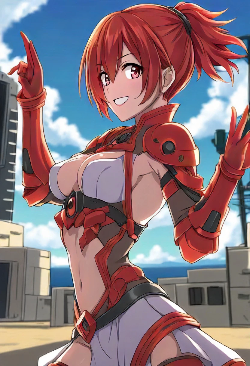 1girl, pretty face, revealing clothing, looking at viewer, eye contact, solo, smiling, random dynamic pose, random haircut, red hair color, random location, random outfit, random anime heroine, random activity, action-packed