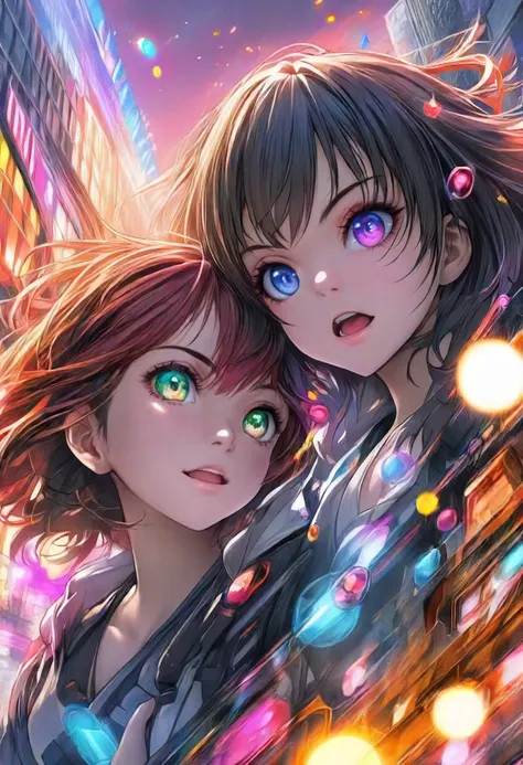 closeup anime portrait of a girl, happy face expression, heterochromatic eyes, eye contact, action-packed, by Sakimichan, by WLOP, by Ilya Kuvshinov, by RossDraws, by Artgerm, Tokyo city streets background, sunset, elaborate, masterpiece, detailed