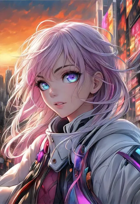 closeup anime portrait of a girl, happy face expression, heterochromatic eyes, eye contact, action-packed, by Sakimichan, by WLOP, by Ilya Kuvshinov, by RossDraws, by Artgerm, Tokyo city streets background, sunset, elaborate, masterpiece, detailed