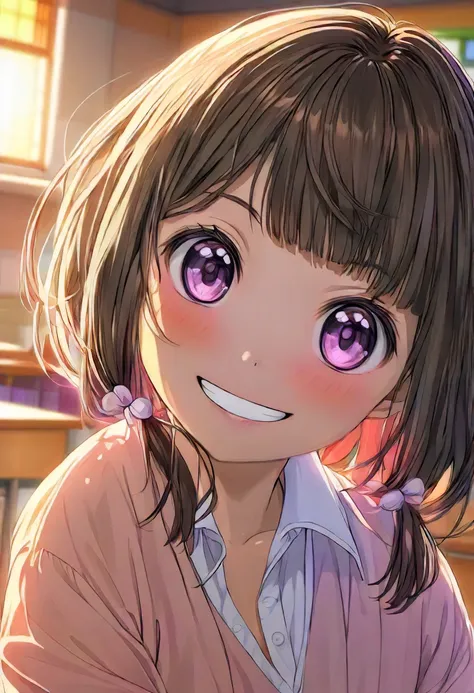 closeup, Anna Yamada, happy face, (school classroom interior background), sunset lighting, detailed, vibrant colors