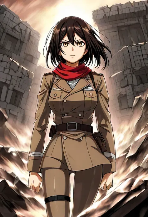 ((Mikasa Ackerman)) from anime (Attack on Titan), Capture Mikasa's fierce determination and unwavering loyalty, while showcasing her unique beauty and stoic nature. Pose: Stand tall and confident, with a determined gaze fixed ahead. You can portray her in a fighting stance, ready to strike, or standing protectively in front of Eren or Armin. Expression: Stoic but with a hint of inner fire. Her eyes should be sharp and alert, conveying her unwavering resolve. A subtle crease in her brow can suggest the weight of her burdens. Hair: Long, dark hair flowing freely or pulled back in a practical braid, depending on the scene. Outfit: The iconic Survey Corps uniform, meticulously clean and well-maintained. Consider including details like the maneuver gear or her signature red scarf. Lighting: Dramatic lighting that accentuates her strength and highlights the intensity of her emotions. Background: Choose a background that reflects her character and story. Consider the ruins of Wall Maria, a battlefield filled with smoke and debris, or a peaceful scene symbolizing her yearning for a normal life. Include the red scarf prominently, as it's a symbol of Eren and her unwavering devotion to him.