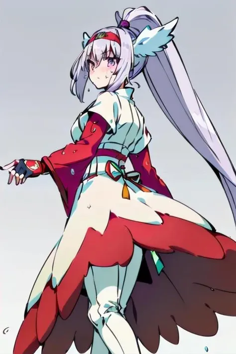 masterpiece, best quality, textured skin, beautiful detailed face, beautiful detailed eyes, beautiful detailed pupils, absurdres, beautiful detailed girl,
(1girl,solo:2),
<lora:akidra-01:0.8>
( purple eyes,high_ponytail,no_pants,black panties,long sleeves,red sleeves:2)(japanese clothes, very long hair, hairband,headband,head wings, gem, blue hair, grey hair, skin tight shirt, white sash, white kimono with short sleeves, white_long_skirt, black fingerless gloves,white boots, thigh boots,zettai ryouiki:1.5)
(sweat,looking to the side:2),
<lora:breastsizeslideroffset:0.5>,