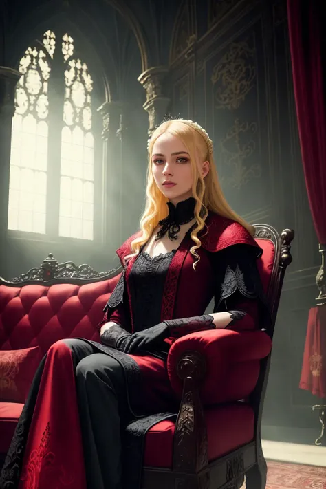 portrait of blonde woman sitting on red sofa in a dark luxurious gothic manor interior intricately detailed robes gloves, very bright morning light coming from large window, high contrast realistic shadows smokey room volumetric lighting foggy dusty
(masterpiece:1.2) (illustration:1.1) (best quality:1.2) (detailed) (intricate) (8k) (HDR) (cinematic lighting) (sharp focus) (color grading)