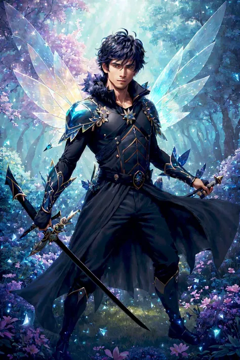 elegant male fairy swordsman wearing (obsidian black coat:1.3), holding a fine sword, dynamic_pose, magical forest, (beatiful fairy wings:1.3), long flowing hair, magic particles style-swirlmagic, beautiful magic forest background, Style-Glass, bright moonlight, Style-Petal, fairytaleai, <lora:fairytaleai_v10:0.8>