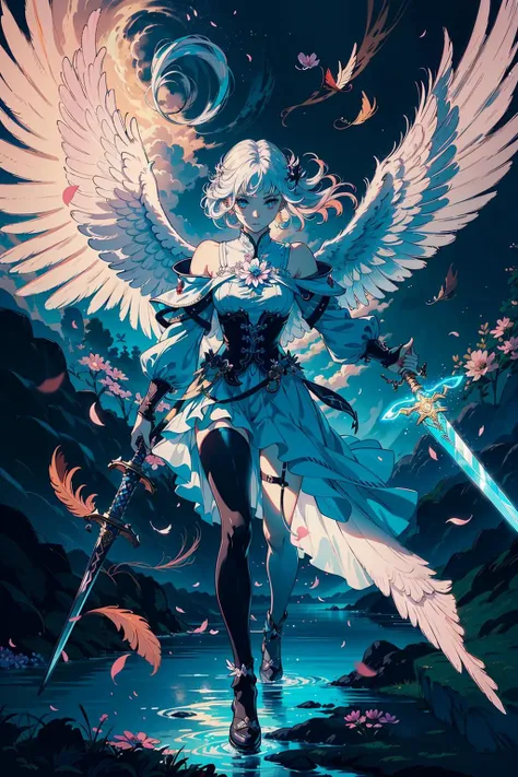 masterpiece, best quality,
1girl, (colorful),(finely detailed beautiful eyes and detailed face), ((angel:1.4)),((floating in the air)), (big_wings:1.3), (white_wings:1.3), ((holding a long sword)),
cinematic lighting, full body,sexy, extremely detailed CG unity 8k wallpaper,
long_white_hair, solo, smile, ((flying petal)), ((flying_feathers)), (Flowery meadow),
sky, cloudy_sky, building, moonlight, moon, night, (dark theme:1.3), light, fantasy,