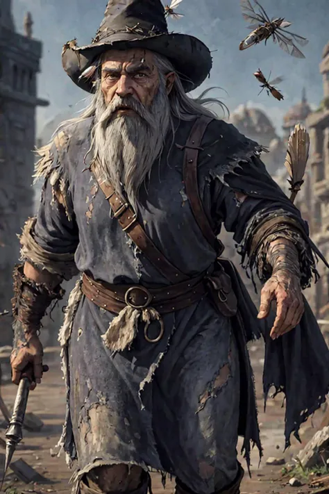 zrpgstyle, masterpiece, highly detailed, grumpy angry old wizard furiously pacing, staff, (flies:1.6), (flies everywhere:1.4), tall thin body, dirty ragged old clothes, (unwashed:1.6) face hands, long messy unwashed unkempt grey hair, long robes, torn clothes, holes in clothes, (pointy hat:1.2), long grey beard, (very wrinkled face:1.0), flies in background