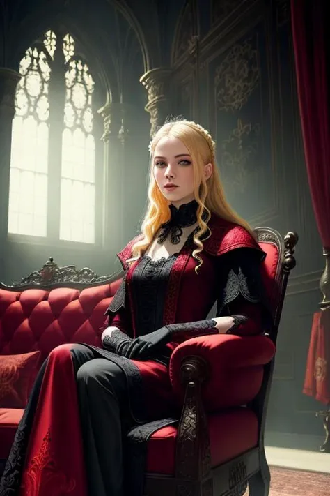 portrait of blonde woman sitting on red sofa in a dark luxurious gothic manor interior intricately detailed robes gloves, very bright morning light coming from large window, high contrast realistic shadows smokey room volumetric lighting foggy dusty
(masterpiece:1.2) (illustration:1.1) (best quality:1.2) (detailed) (intricate) (8k) (HDR) (cinematic lighting) (sharp focus) (color grading)