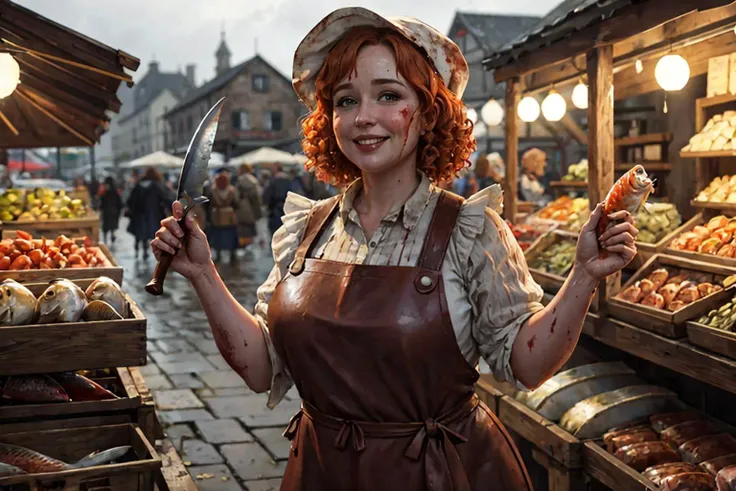 zrpgstyle, masterpiece, highly detailed, middle aged fat woman selling (fish:1.2) at medieval open air market, big smile, holding knife, holding big fish, (dirty grimy bloodied long brown leather apron:1.2), (bloodied hands:1.0), long dress, simple bonnet, overcast weather, wet littered muddy ground, dark gloomy early morning, big bodied, rosy cheeks, full round face, wet short curly ginger hair, market stall with fish in background