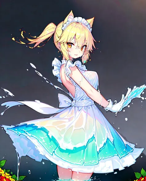 (furry:1.2), rat, very long dress,( water, liquid transparent dress, water splashes,:1.4) dancing, pretty, from above
huge rat ears, (gold color:1.3)
animal, (garden, flowers, trees, nature, sunshine,:1.3) rainbow, colorful
<lora:LiquidClothesV1fixed:1> <lora:furryGirl_v1:0.5>
maid, maid apron, frills,