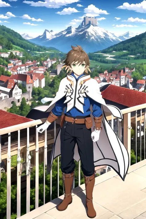 masterpiece, best quality, 1boy, sorey, standing, solo, brown hair, green eyes, boots, cape, full body, white gloves, jewelry, earrings, male focus, shiny skin, medieval castle, on balcony, switzerland mountains background <lora:Sorey:1>