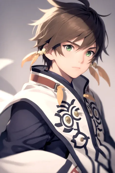 masterpiece, best quality, 1boy, sorey, solo, closeup, brown hair, green eyes, cape, earrings, male focus <lora:Sorey:1>