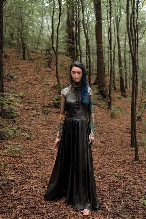 color picture, tattoo woman elf  wizard, wearing a (((long dress leather armor))) in a ((forest))