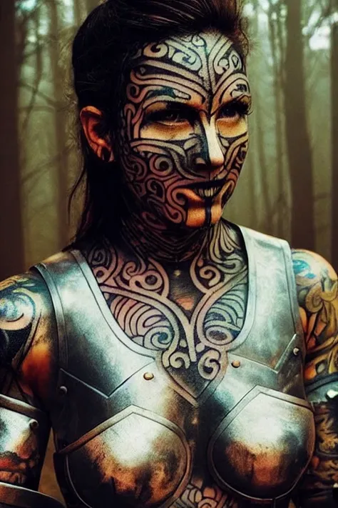 picture of (warrior woman with face and body tattoos) , wearing a (((iron  armor))) in a ((burning forest))