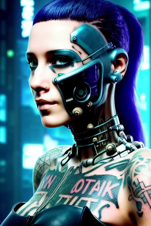 (((cyberpunk woman))) with a tattooed face in front of a (neon cityscape)