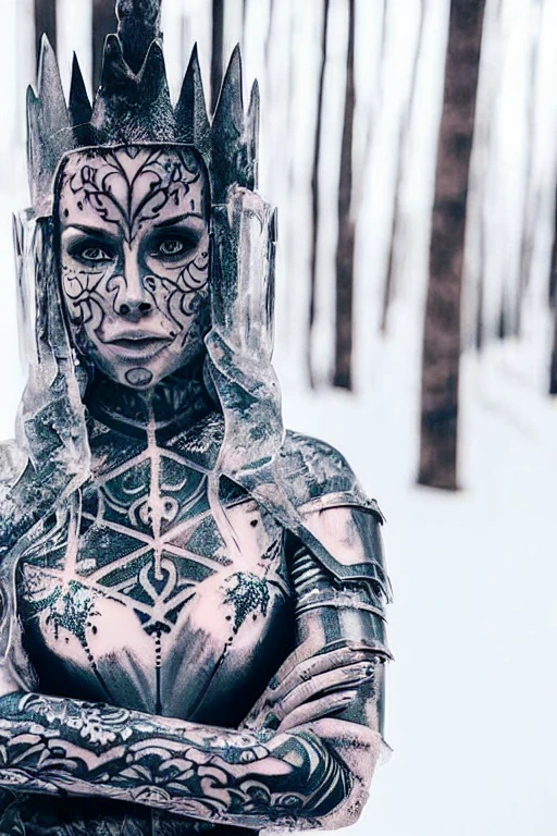 picture of (woman with face and body tattoos) , wearing a (((iron armor))) in a ((ice forest))