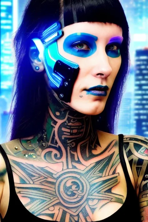 (((cyberpunk woman))) with a tattooed face in front of a (neon cityscape)