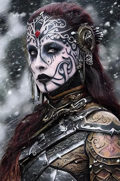 colour picture (epic fantasy villain warrior woman) with a (tattooed face) wearing a (iron armour) in front of a (snow forest)