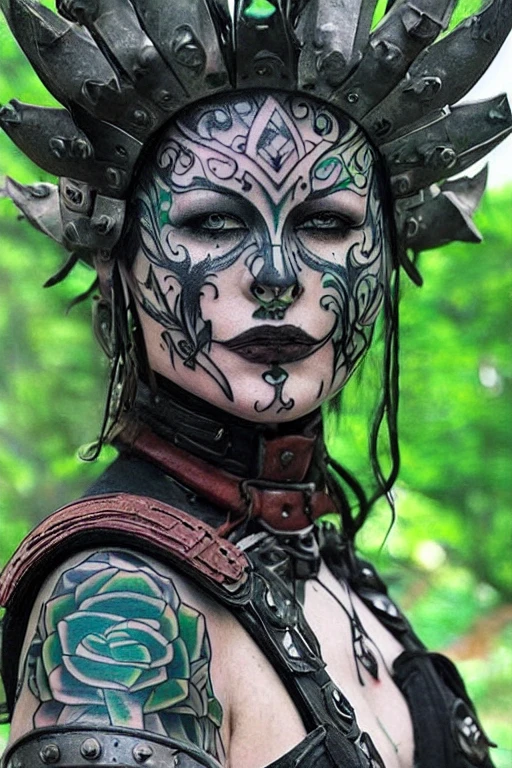 colour picture (epic fantasy villain warrior woman) with a (tattooed face) wearing a (iron armour) in front of a (green forest)