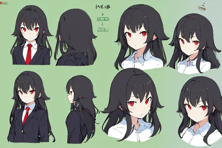 <lora:style_taiki-20:1>, flat color, multiple view, reference sheet, solo, 1girl, expressionless, black hair, sidelocks, red eyes, formal, suit, necktie, black pants