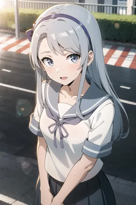 best quality, highres, 
1girl,
looking at viewer, <lora:kancolle_sagiri-10:1>hairband, school uniform, serafuku, grey skirt,
upper_body, view from above, sweat, summer, lens flare, road,