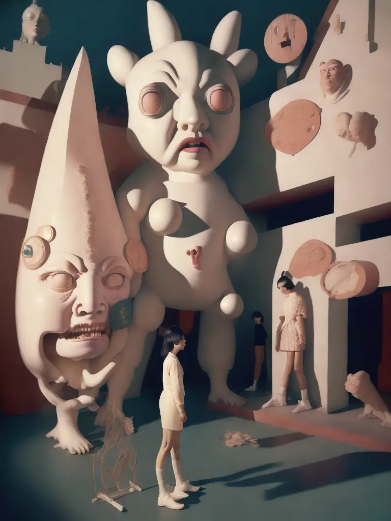 <lora:21NEIGHBORS:1>a woman standing next to a giant statue of a person