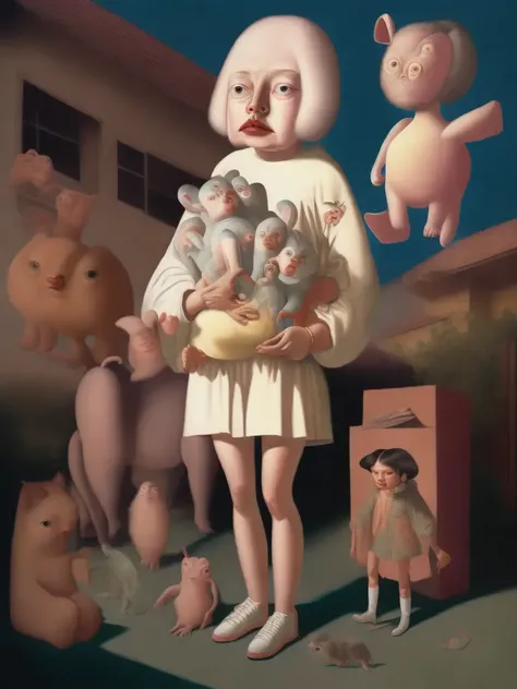 <lora:21NEIGHBORS:1>a painting of a woman with a bunch of stuffed animals