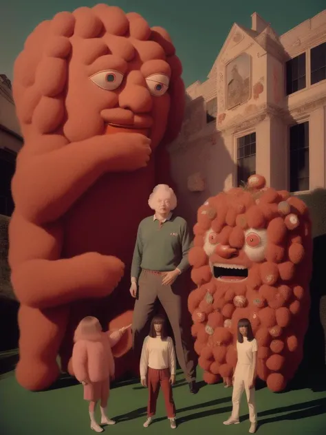 <lora:15NEIGHBORS:1>a man standing next to a giant red monster