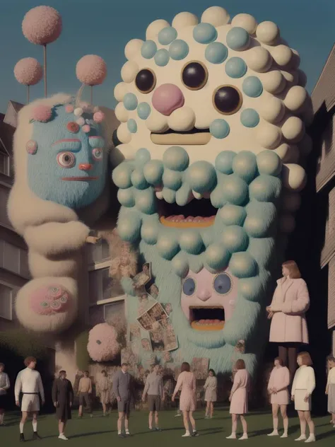 <lora:15NEIGHBORS:1>a group of people standing in front of a giant monster statue