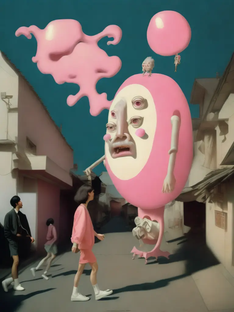 <lora:21NEIGHBORS:1>a painting of a man walking down a street next to a giant pink object