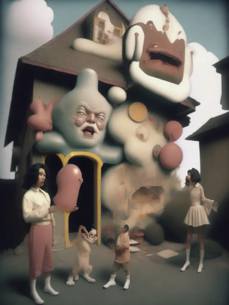 <lora:21NEIGHBORS:1>a man and a woman standing in front of a house