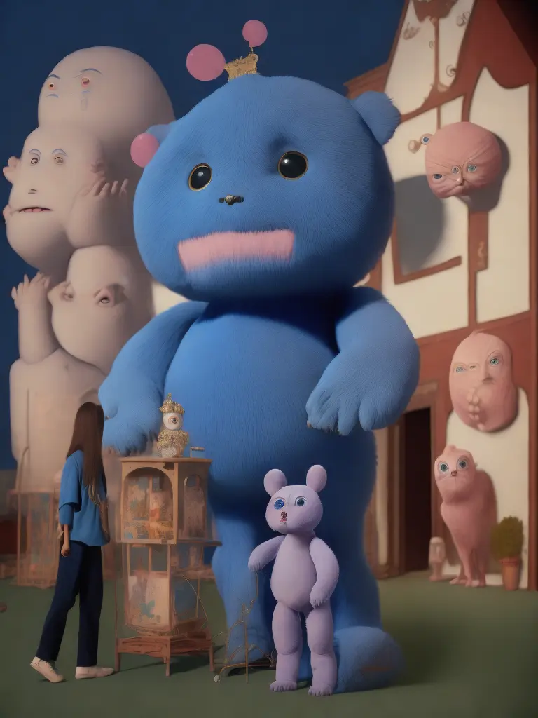 <lora:21NEIGHBORS:1>a large blue stuffed animal standing next to a building