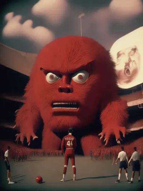 <lora:21NEIGHBORS:1>a man standing next to a giant red monster