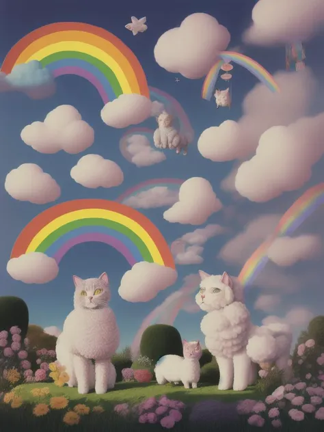 <lora:15NEIGHBORS:1>a cat and a sheep standing in a garden with a rainbow in the sky