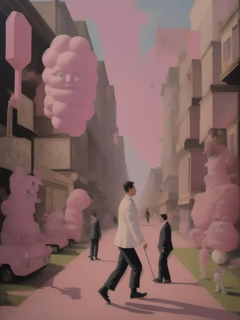 <lora:15NEIGHBORS:1>a painting of a man walking down a street next to a giant pink object