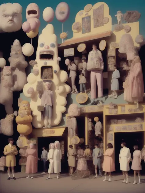<lora:15NEIGHBORS:1>a group of people standing outside of a store