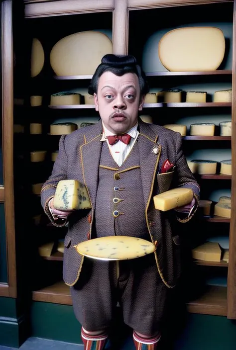 (candid portrait photo of ( dwarf Tim Curry as well-dressed dandy  (cheese sommelier:1.1)) in a cheese shop ,:1.2) fancy suit and suspenders,cheese shop (gluttony:1.1)Fujifilm Fujichrome Provia 100F film ,art direction by frank oz and terry gilliam, ANALOG STYLE, vintage, monty python,
  80sdarkfantasysd15b,  <lora:15NEIGHBORS:1>   <lora:completeAbsurdity>