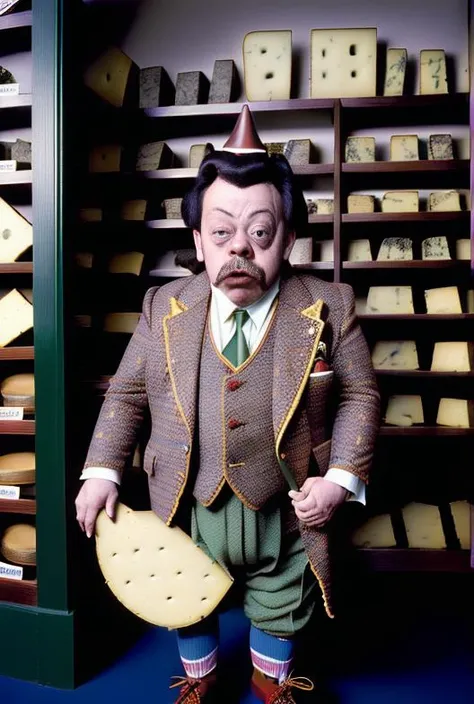 (candid portrait photo of ( dwarf Tim Curry as well-dressed dandy (cheese sommelier:1.1)) in a cheese shop ,:1.2) fancy suit and suspenders,cheese shop (gluttony:1.1)Fujifilm Fujichrome Provia 100F film ,art direction by frank oz and terry gilliam, ANALOG STYLE, vintage, monty python,
80sdarkfantasysd15b, <lora:15NEIGHBORS:1> <lora:completeAbsurdity>